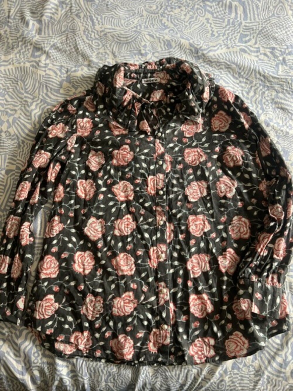 Batsheva Rose Print Cotton Double Ruffle Collar Blouse. Size 8 (runs large)
